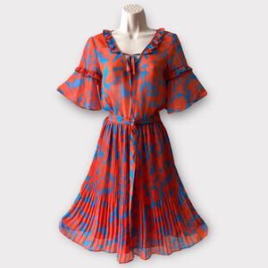 H&M Pleated Chiffon Floral Dress with Fringe Details, Size 2, Red/Blue